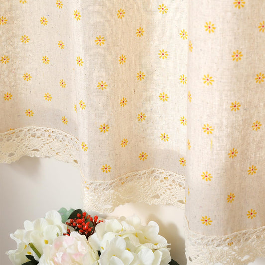 Farmhouse Cotton Linen Tier Curtain 24 Inch Long Elegant Floral Lace Window Valance Kitchen Bathroom Short Curtain, 1 Panel, Yellow Daisy