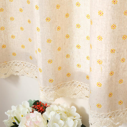 Farmhouse Cotton Linen Tier Curtain 31.4 Inch Long Elegant Floral Lace Window Valance Kitchen Bathroom Short Curtain, 1 Panel, Yellow Daisy