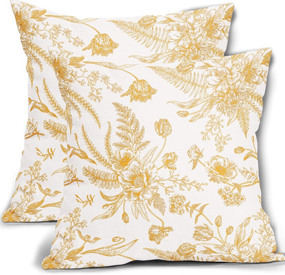 Yellow Flowers Pillow Covers 20x20Inch Set of 2 Light Yellow and White Morden Throw Pillowcase Cotton Linen Square Decorative Pale yellow Floral Cushion Cover for Sofa Bedroom Indoor Outdoor Party