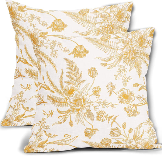 Yellow Flowers Pillow Covers 20x20Inch Set of 2 Light Yellow and White Morden Throw Pillowcase Cotton Linen Square Decorative Pale yellow Floral Cushion Cover for Sofa Bedroom Indoor Outdoor Party