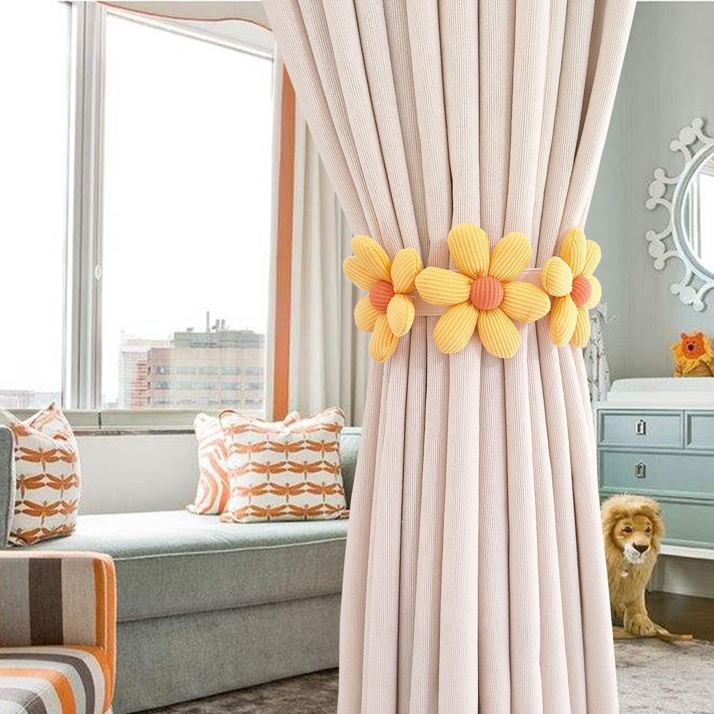 2pcs Curtain Ties Flower Curtain Buckles, Cute Flower Curtain Ties Decorative Rope for Bedroom Window Treatment (Yellow)