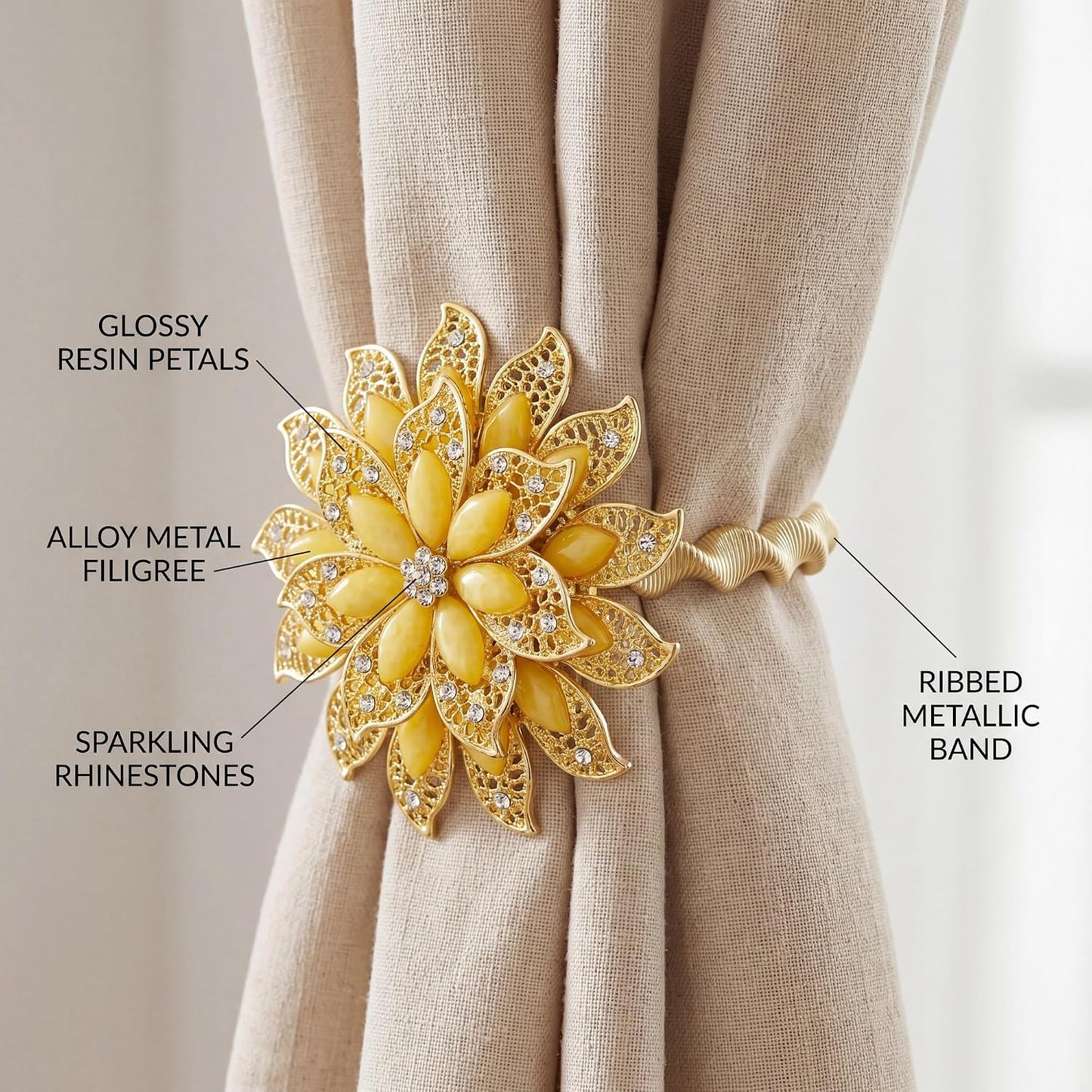 2 Pack Gold Yellow Flower Curtain Tiebacks Window Holdback Buckles | Tie Backs Holders Stretchable Wire Rope Amber Warm Accent Bright Elegant Toolless Clasp Flexible Loop Sheer Thick Panels