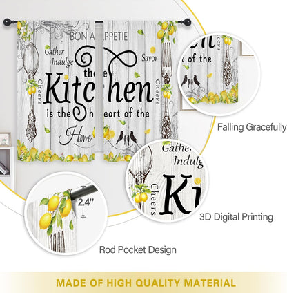 Riyidecor Lemon Kitchen Curtains Short Small Rustic Farmhouse Yellow Fruit Country Wooden Barn Plant Fork and Spoon Botanical Rod Pocket Bedroom Living Room Treatment Fabric 2 Panels 27.5Wx39H Inch