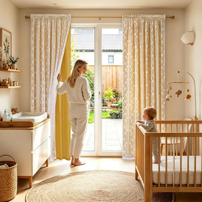 ASPMIZ Linen Curtains for Living Room Double Layer Curtains with Linen Lace, Mustard Yellow Bedroom Curtain Light Filtering, Rod Pocket Drapes 63 Inch Length 2 Panels Set with 2 Tiebacks, 52x63