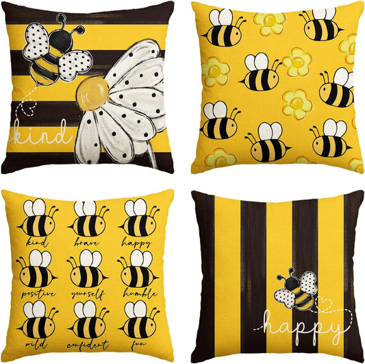 AVOIN colorlife Happy Bee Kind Stripes Summer Spring Throw Pillow Covers, 18 x 18 Inch Polka Dot Daisy Yellow Cushion Case Decoration for Sofa Couch Set of 4