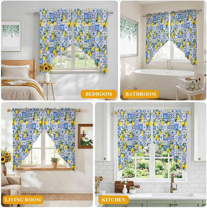 Summer Boho Lemon Swag Valances for Windows Watercolor Yellow Lemon Leaf Blue Floral Plaid Semi Sheer Valance Curtains Voile Swags Topper Curtain for Kitchen Living Room Bedroom, 2 Panels, 36x36 Inch