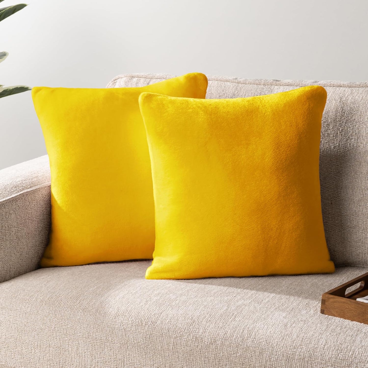 PAVILIA Mustard Yellow Velvet Fleece Throw Pillow Covers 18x18 Set of 2, Soft Decorative Cushion Covers for Couch Sofa Bed, Square Accent Pillow Cases with Hidden Zipper
