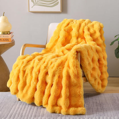 Smoofy Faux Fur Throw Blanket for Couch - Mustard Yellow Soft Cozy Bubble Blanket, Fluffy Plush Fuzzy Throw for Sofa & Bed, Thick Lightweight Warm Blanket, Luxury Aesthetic Gift for Women 50"x60"