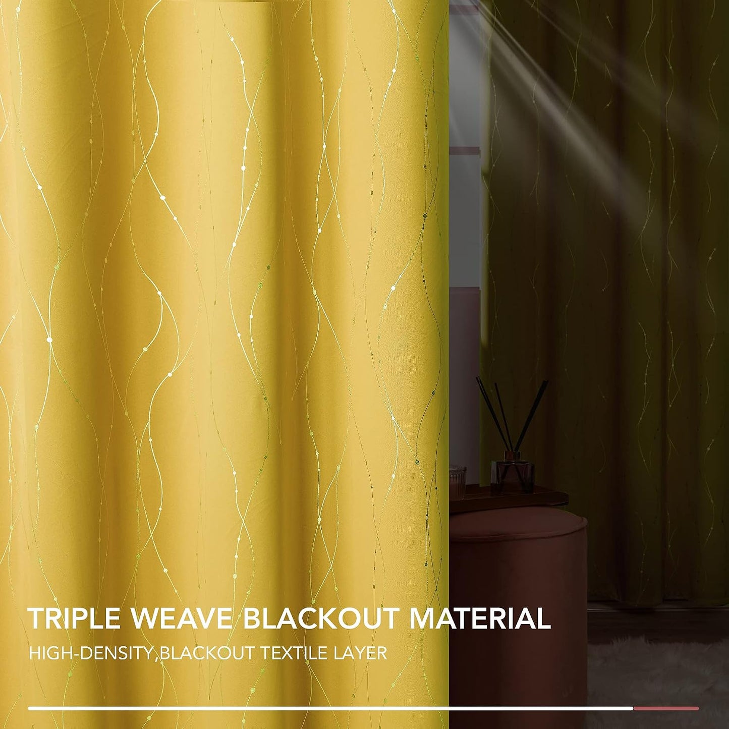 Deconovo Blackout Curtains, Yellow Thermal Insulated Grommet Drapes, Silver Wave Dots Foil Print, Light Blocking Panels, 52" W x 95" L, 2 Panels, for Bedroom Living Room Sliding Door