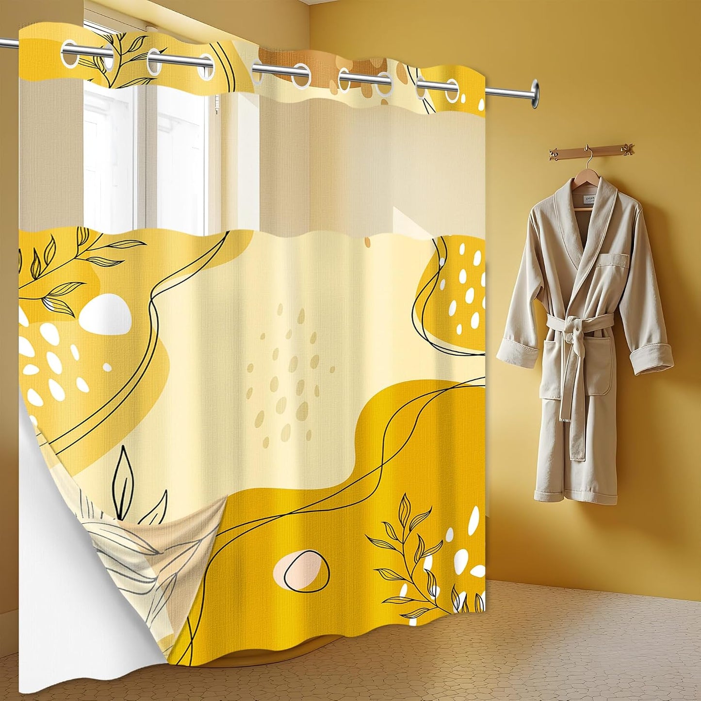 puuiiui Mustard Yellow Hookless Shower Curtain Mesh with Snap in Liner, Light Yellow Boho No Hook Double Layer Shower Curtain and Liner Set, Ringless with Window Waterproof Cloth Fabric, 71"W x 86"L