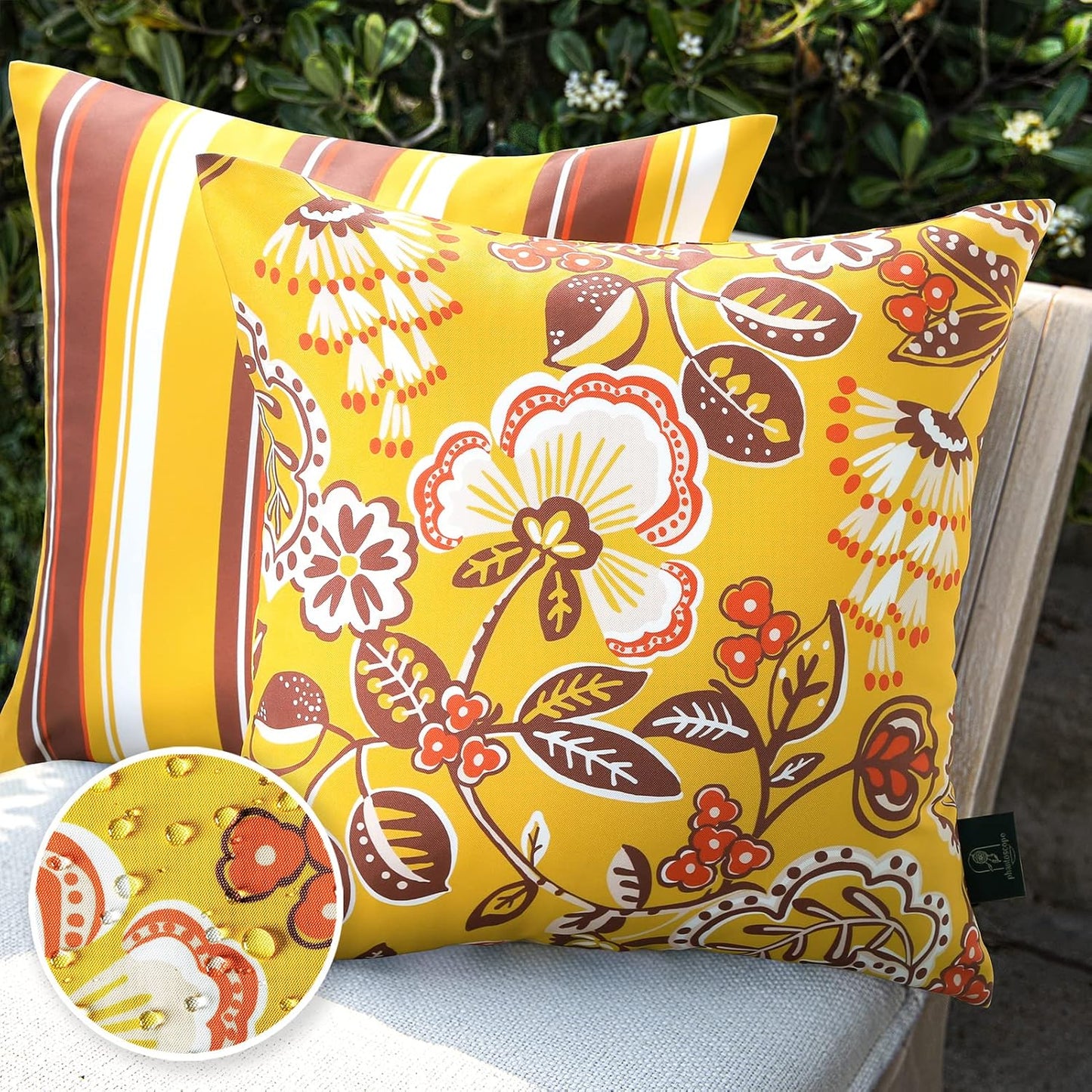 Phantoscope Pack of 2 Outdoor Indoor Throw Decorative Pillow Cover Decorative Waterproof Striped Floral Patio Pillows Cushion Case for Couch Tent Park, Yellow 20 x 20 Inches