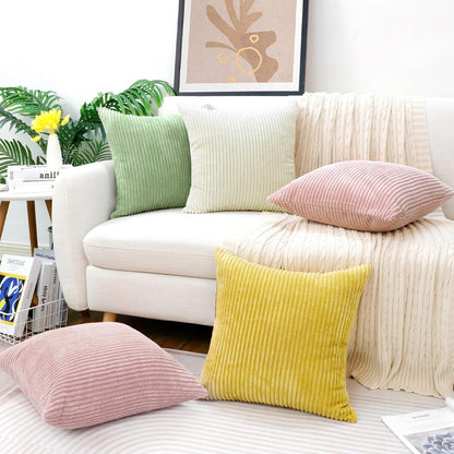 Thmyo Boho Farmhouse Decorative Throw Pillow Covers 18x18 Inch Set of 4 Soft Corduroy Cushion Covers for Mordern Couch Bed Sofa Chair Living Room Home Decor, Cream White/Green/Pink/Yellow