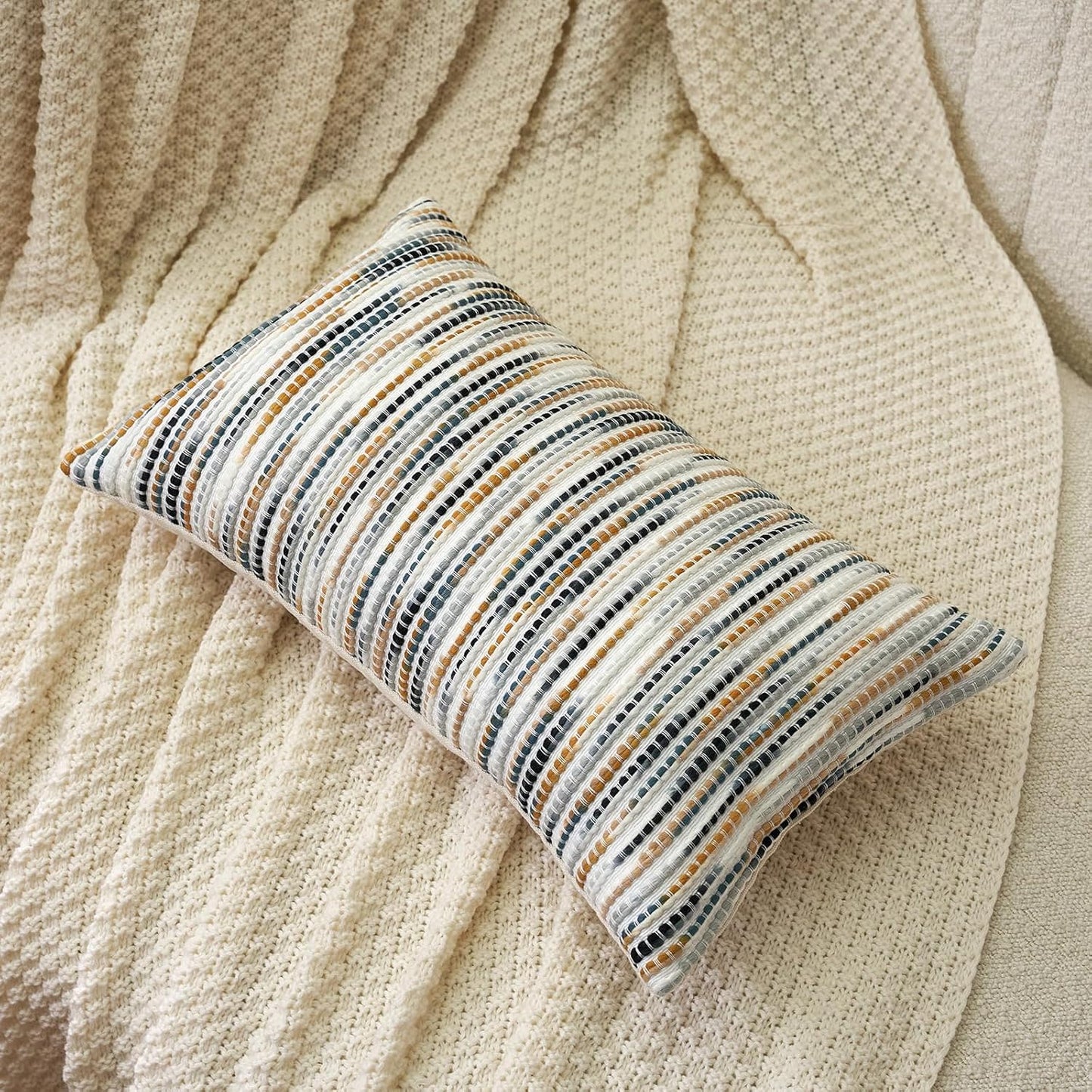 Aeckself Boho Striped Pillow Cover 12x20, Rectangle Decorative Lumbar Throw Pillow Cover Chenille Neutral Pillowcase for Couch Bedroom Living Room, Yellow Gray