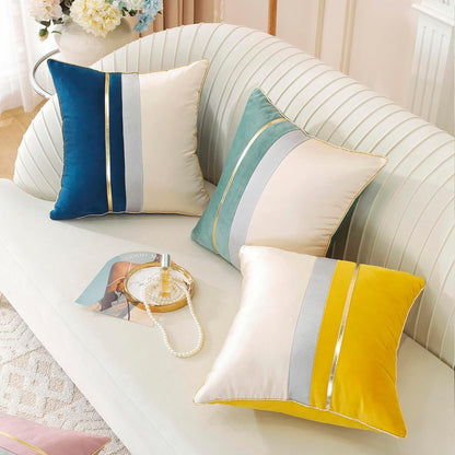 TAOSON Pack of 2, Yellow Beige Patchwork Velvet Throw Pillow Cover with Gold Striped Leather Cushion Case Modern Luxury Square Pillowcase for Sofa Couch Bedroom Living Room Home,12 X 20 inch