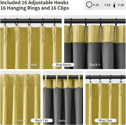 Yellow Pinch Pleated Linen 100% Blackout Curtains 84 Inch Length 2 Panels Insulated Thermal Fall Blackout Drapes for Bedroom Living Room Darkening Pinch Pleat Curtains with Hooks Rings Clips 7 FT