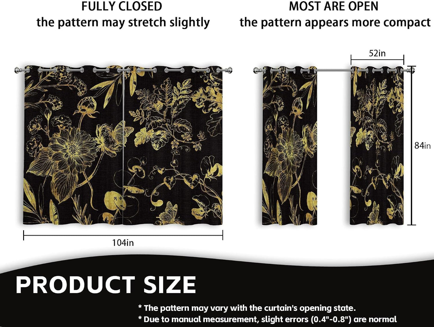 Black and Gold Vintage Botanical Blackout Curtains Patterned Golden Yellow Floral Window Drapes for Bedroom Living Room, 84 inch Length 2 Panels Set, 52x84 inch
