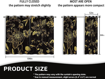 Black and Gold Vintage Botanical Blackout Curtains Patterned Golden Yellow Floral Window Drapes for Bedroom Living Room, 84 inch Length 2 Panels Set, 52x84 inch