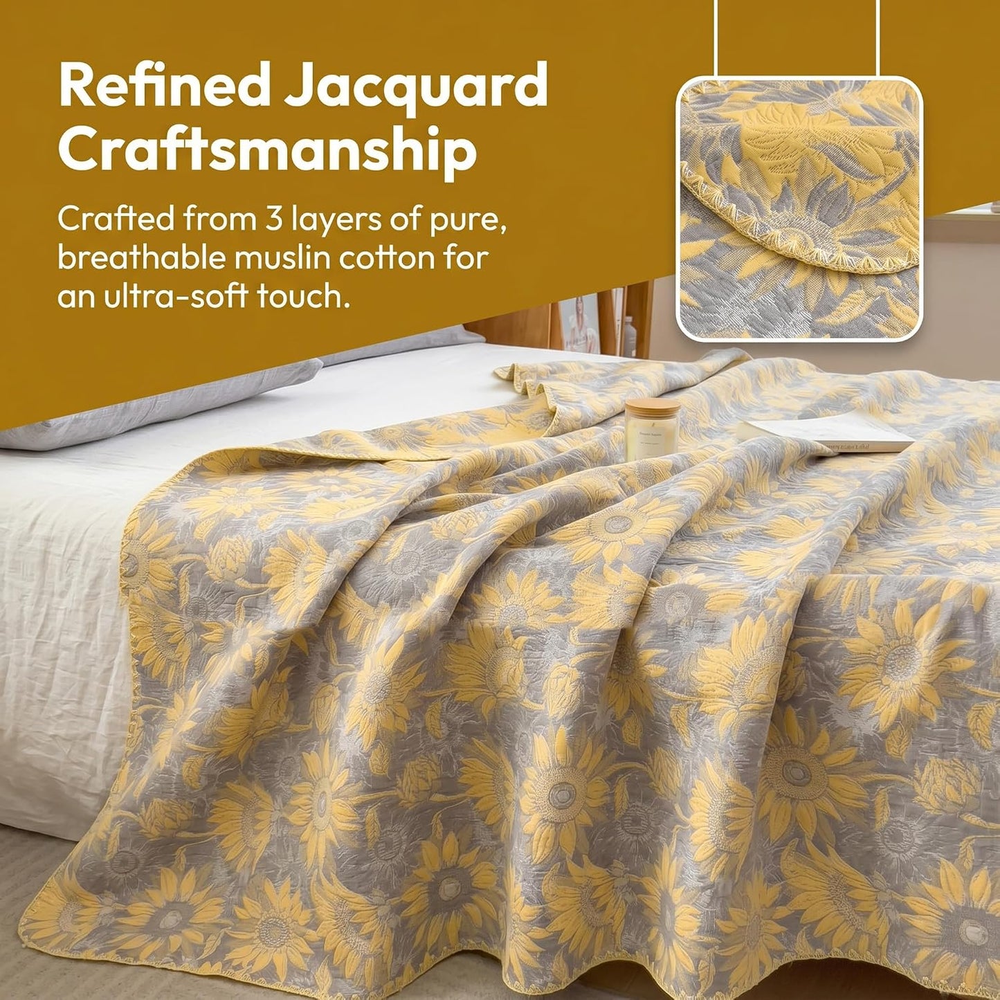NIDITW 3 Layer Throw Blanket for Bed 100% Cotton Boho Floral Blanket 80''x90'' Summer Breathable and Lightweight Travel Muslin Blanket for Women Home Decor Yellow (Yellow Sunflower, 60"x80")