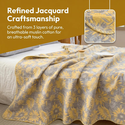 NIDITW 3 Layer Throw Blanket for Bed 100% Cotton Boho Floral Blanket 80''x90'' Summer Breathable and Lightweight Travel Muslin Blanket for Women Home Decor Yellow (Yellow Sunflower, 60"x80")