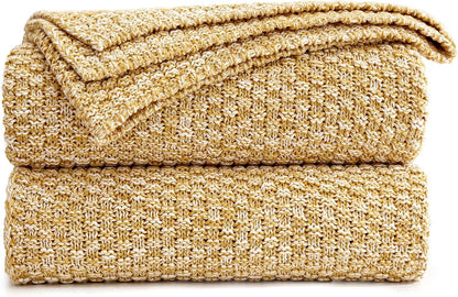 Longhui bedding 100% Cotton Knitted Throw Blanket – Mustard Yellow, Soft & Cozy, Machine Washable, 60"x80" – Perfect for Living Room, Couch, Sofa, Bed or Travel