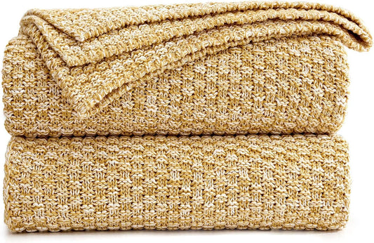 Longhui bedding 100% Cotton Knitted Throw Blanket – Mustard Yellow, Soft & Cozy, Machine Washable, 60"x80" – Perfect for Living Room, Couch, Sofa, Bed or Travel