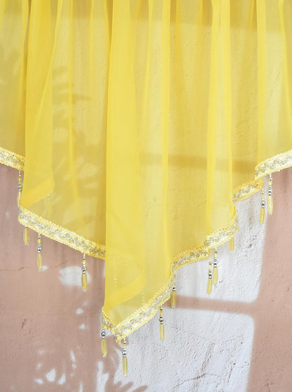 Molaxhome Swag Curtain 51 inch Length Rod Pocket Scalloped Curtain Valance Sheer Lace Panels with Hanging Crystal Beads for Kitchen Bedroom Window Treatments Drape Decor 1pc (Yellow, 51Wx23L)