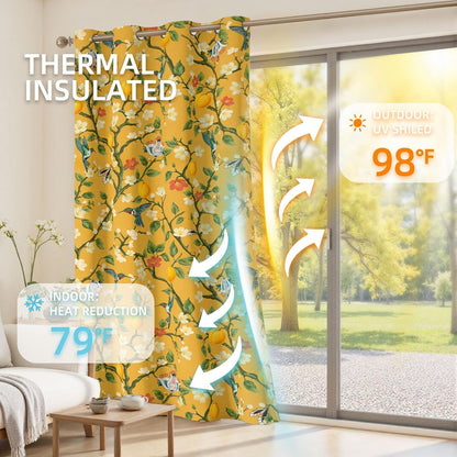 Floral Curtains 100% Blackout Vintage Hummingbird Black Out Curtain 84 Inches Long Thermal Insulated Window Drapes 2 Panels Grommet Room Darkening Curtains for Living Room Bedroom, Mustard Yellow