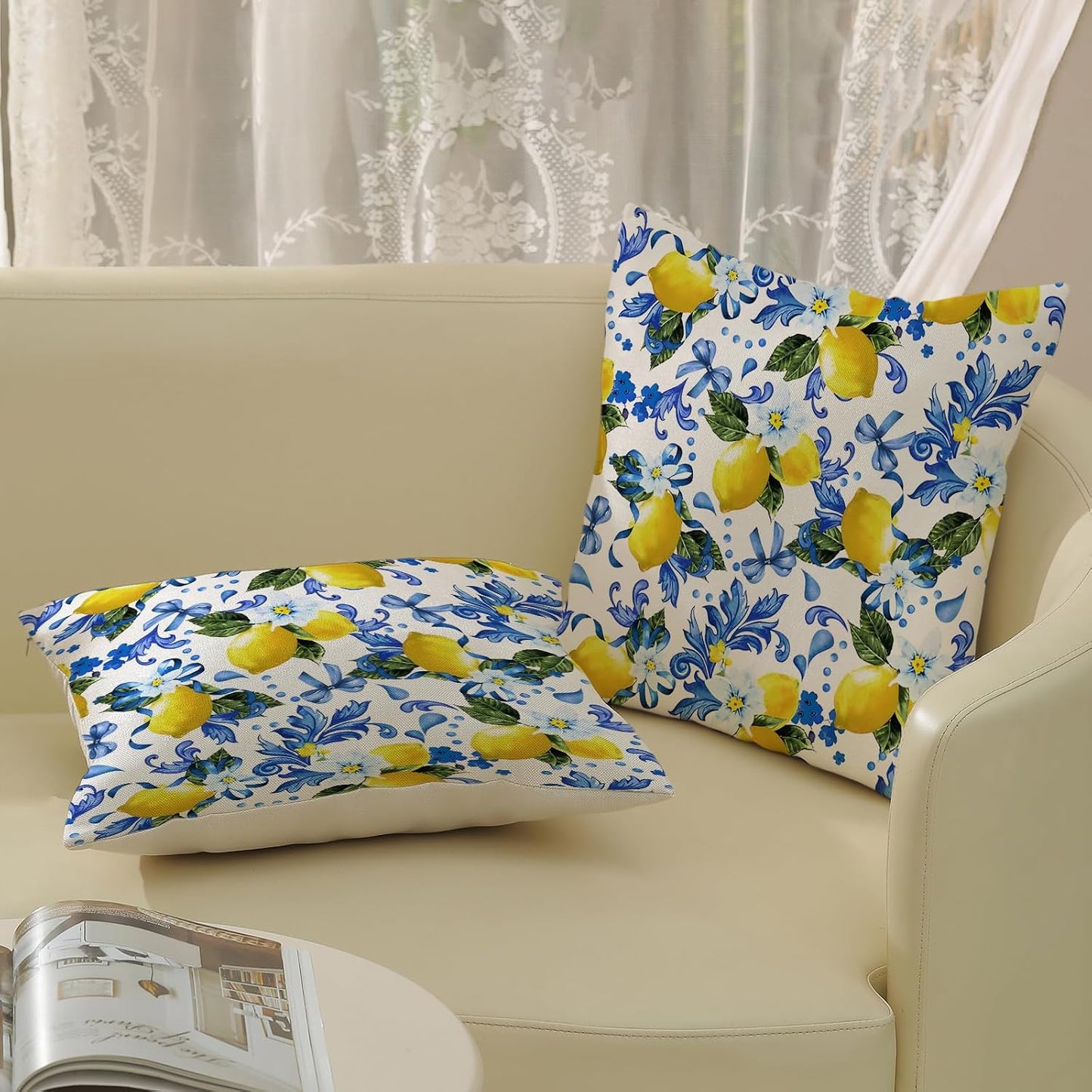 Spring Pillow Covers 18x18 Pack of 2 Blue Yellow Lemon Floral Throw Pillow Covers Outdoor Summer Seasonal Flower Decor Pillowcase Farmhouse Decorative Square Cushion Case for Home Couch