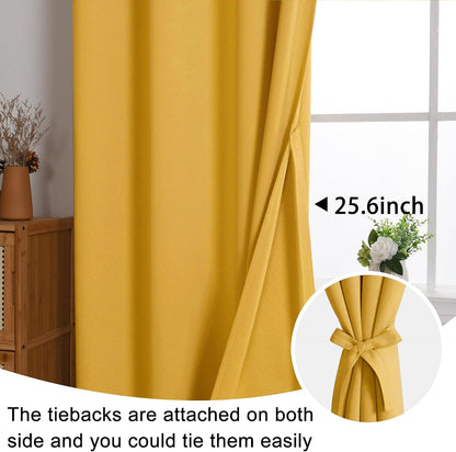 JIUZHEN Blackout Curtains with Tiebacks - Thermal Insulated, Light Blocking and Noise Reducing Grommet Curtain Drapes for Bedroom and Living Room, Set of 2 Panels, Yellow, 42 x 63 Inch Length