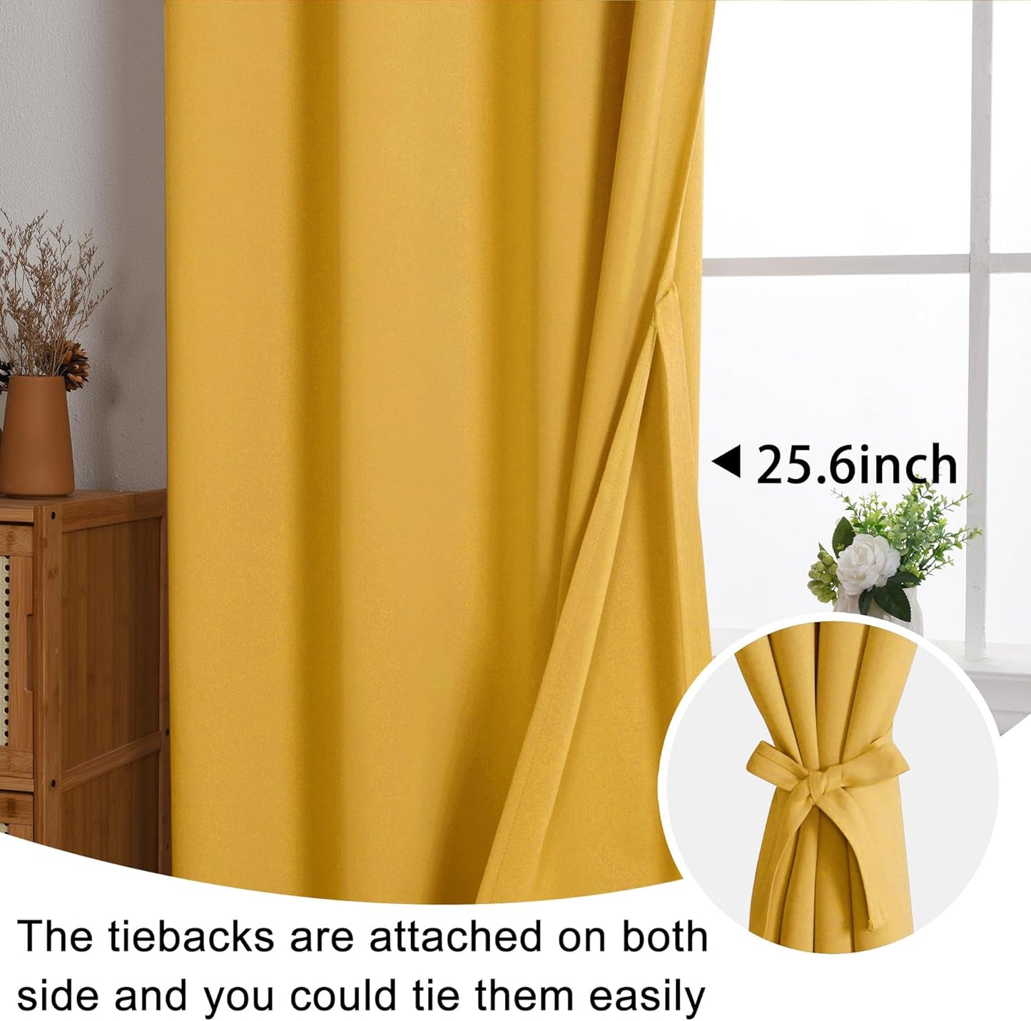 JIUZHEN Blackout Curtains with Tiebacks - Thermal Insulated, Light Blocking and Noise Reducing Grommet Curtain Drapes for Bedroom and Living Room, Set of 2 Panels, Yellow, 42 x 45 Inch Length