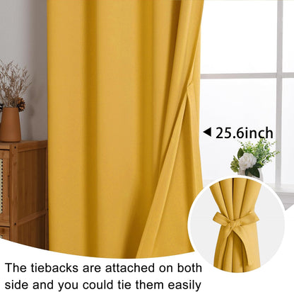 JIUZHEN Blackout Curtains with Tiebacks - Thermal Insulated, Light Blocking and Noise Reducing Grommet Curtain Drapes for Bedroom and Living Room, Set of 2 Panels, Yellow, 42 x 45 Inch Length