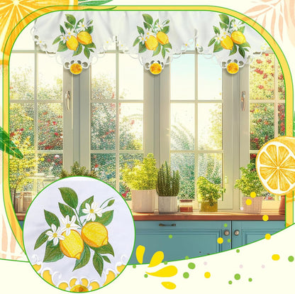 Embroidered Summer Lemon Kitchen Curtains Valances 58 x 15 Inch Yellow Lemon Window Treatment Valance Fresh Fruit Flower Leaf Curtain for Bedroom Bathroom Living Room Decor