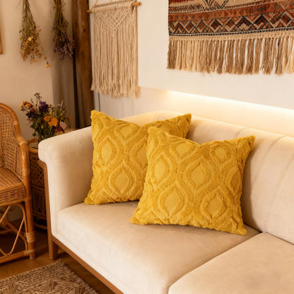 Pack of 2 Fall Decorative Throw Pillow Covers 18x18, Soft Plush Faux Fur Wool Couch Cushion Pillow Covers Cozy Boho Farmhouse Square Pillow Case for Living Room Sofa Bed Home Decor, Mustard Yellow