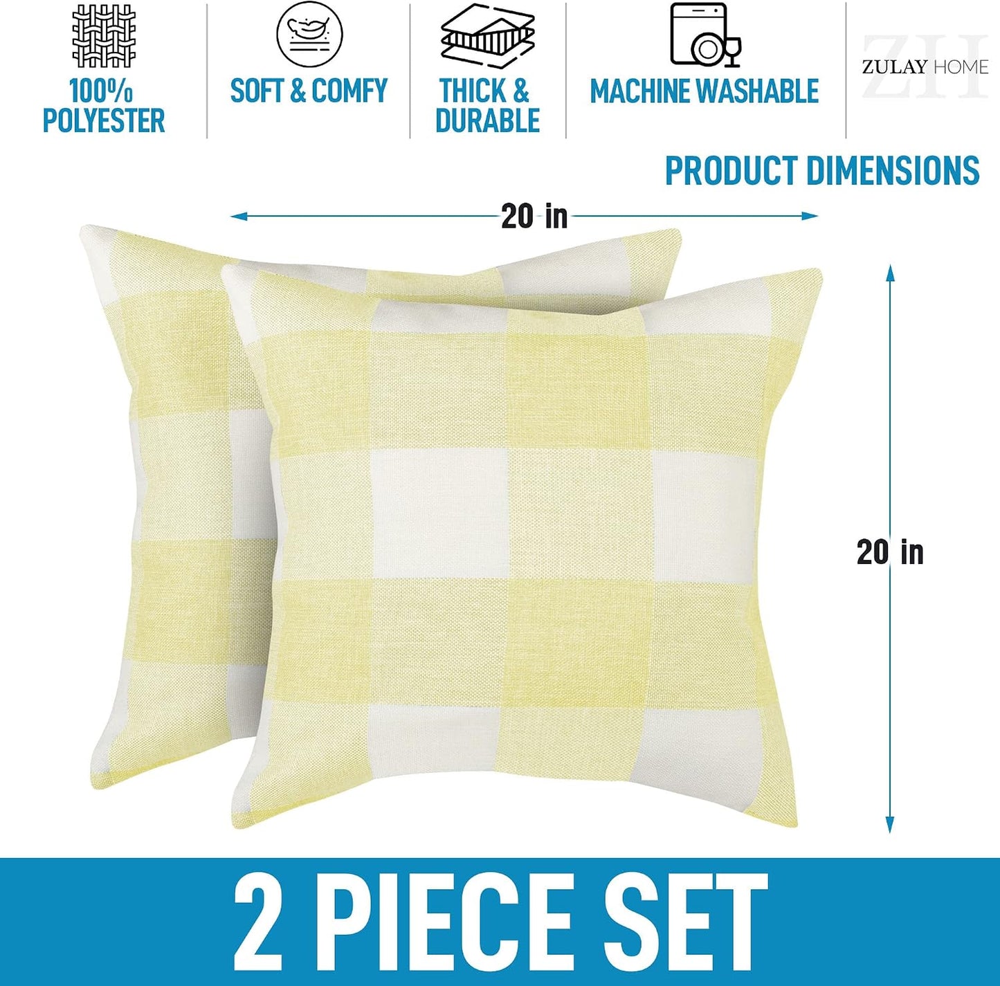 Zulay Home Pack of 2 Buffalo Plaid Throw Pillow Covers - Farmhouse Porch Pillows Outdoor & Indoor Covers - Polyester Buffalo Plaid Pillow Covers (20x20 Inch, Yellow & White)