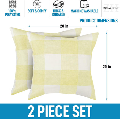 Zulay Home Pack of 2 Buffalo Plaid Throw Pillow Covers - Farmhouse Porch Pillows Outdoor & Indoor Covers - Polyester Buffalo Plaid Pillow Covers (20x20 Inch, Yellow & White)