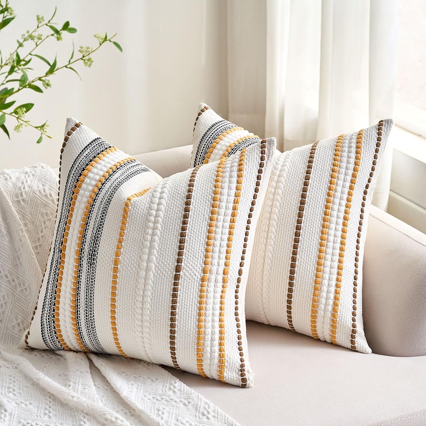 Farmhouse Throw Pillow Covers Accent Pillows Fall Pillow Covers 18x18 Boho Decorative Textured Woven Cushion Cases Set of 2 Mustard Yellow Striped Couch Covers for Couch Bed Living Room Home