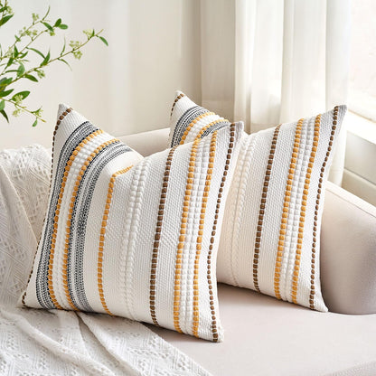 Farmhouse Throw Pillow Covers Accent Pillows Fall Pillow Covers 18x18 Boho Decorative Textured Woven Cushion Cases Set of 2 Mustard Yellow Striped Couch Covers for Couch Bed Living Room Home