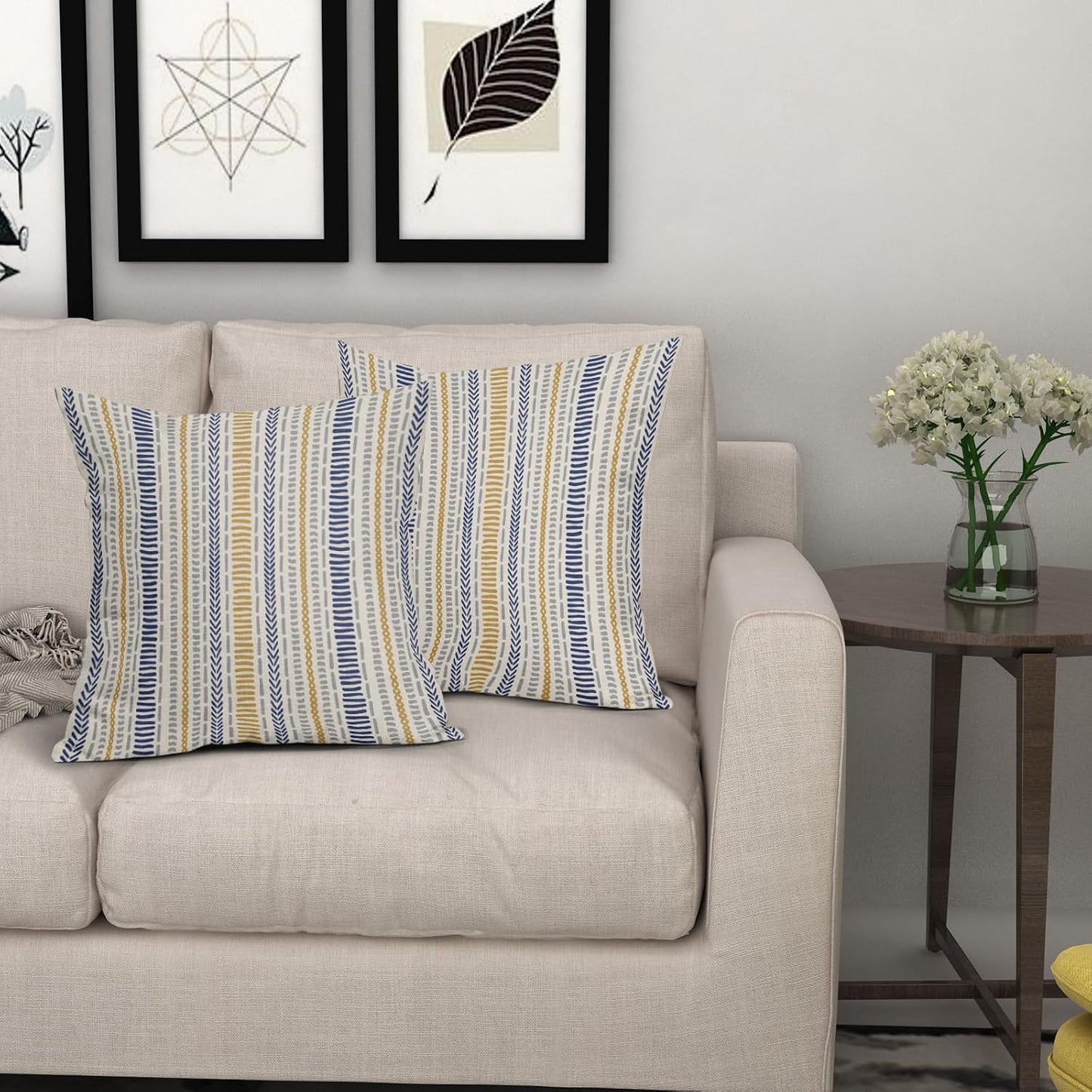 Blue Yellow Boho Striped Pillow Covers 18X18 Inch Set of 2, Navy Yellow Grey Gray Herringbone Print Pattern Decorative Throw Pillow Covers Outdoor Farmhouse Cushion Case Couch Sofa Bed Decor