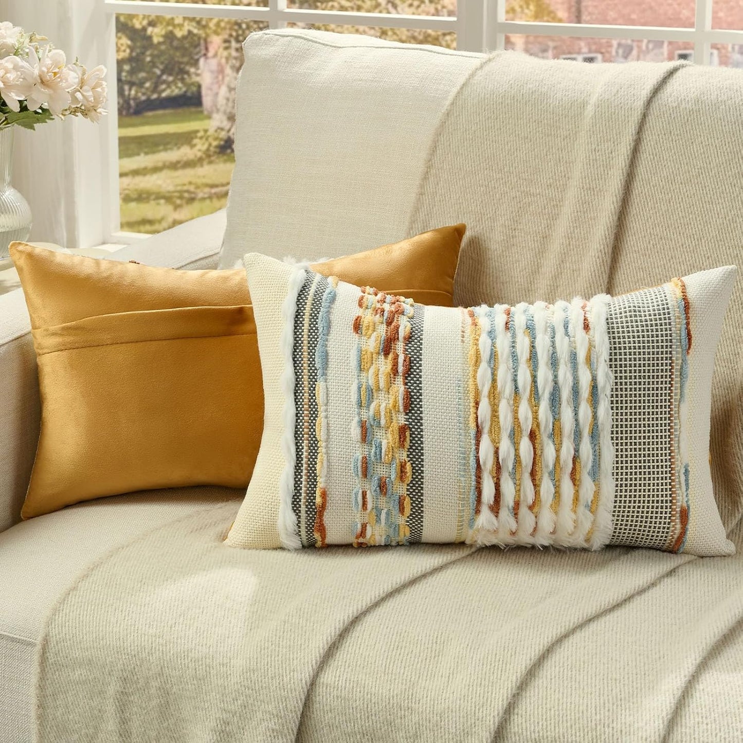 FUTEI Pack of 2 Boho Chenille Decorative Throw Pillow Covers 12x20 Inch Soft Plush Tufted Striped Textured Pillow Case,Farmhouse Accent for Couch Bed Living Room, Rust Blue Yellow