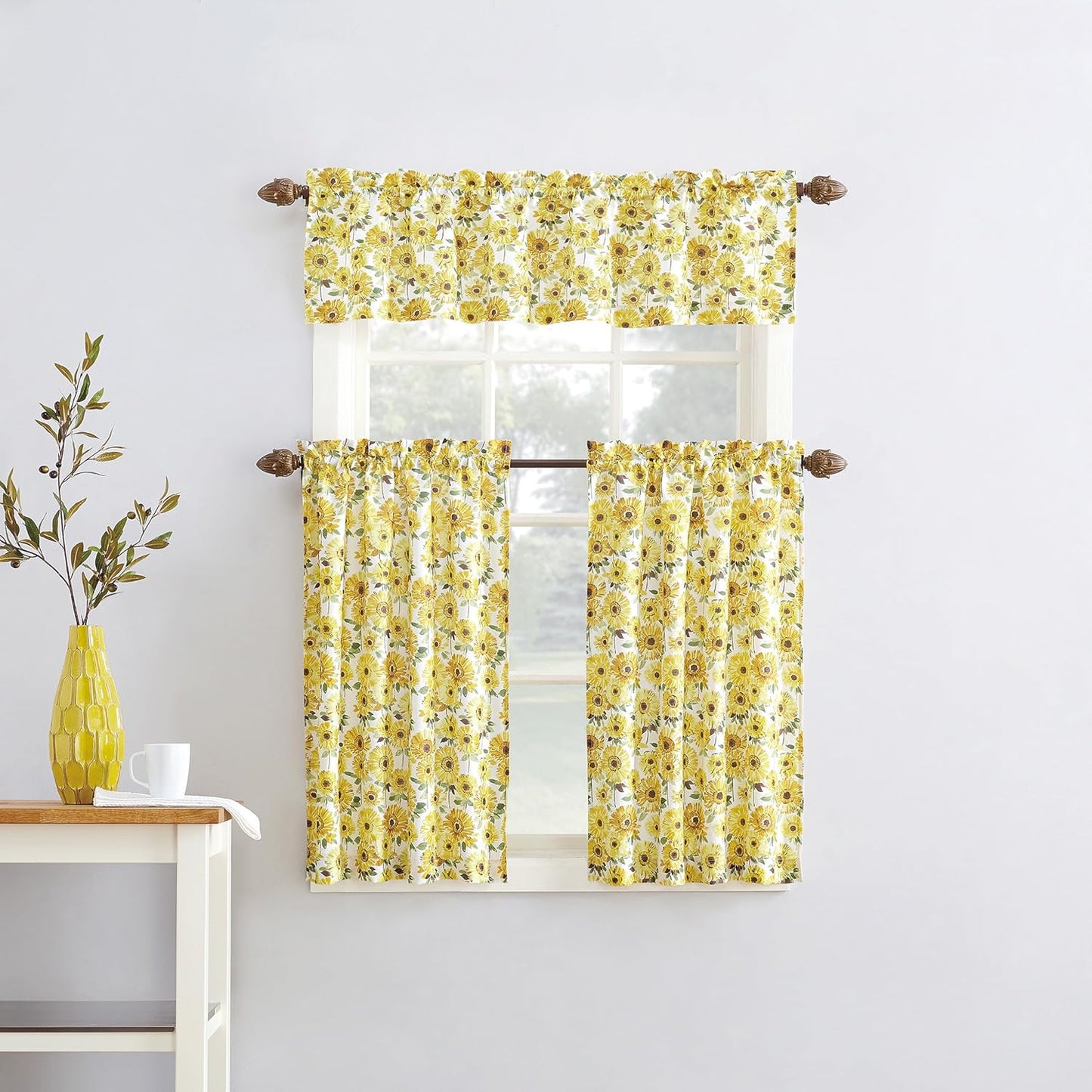 No. 918 Sunbeam Sunflower Print Semi-Sheer Rod Pocket Kitchen Curtain Valance and Tiers Set, 54" x 24", Yellow