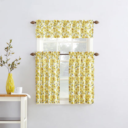 No. 918 Sunbeam Sunflower Print Semi-Sheer Rod Pocket Kitchen Curtain Valance and Tiers Set, 54" x 24", Yellow