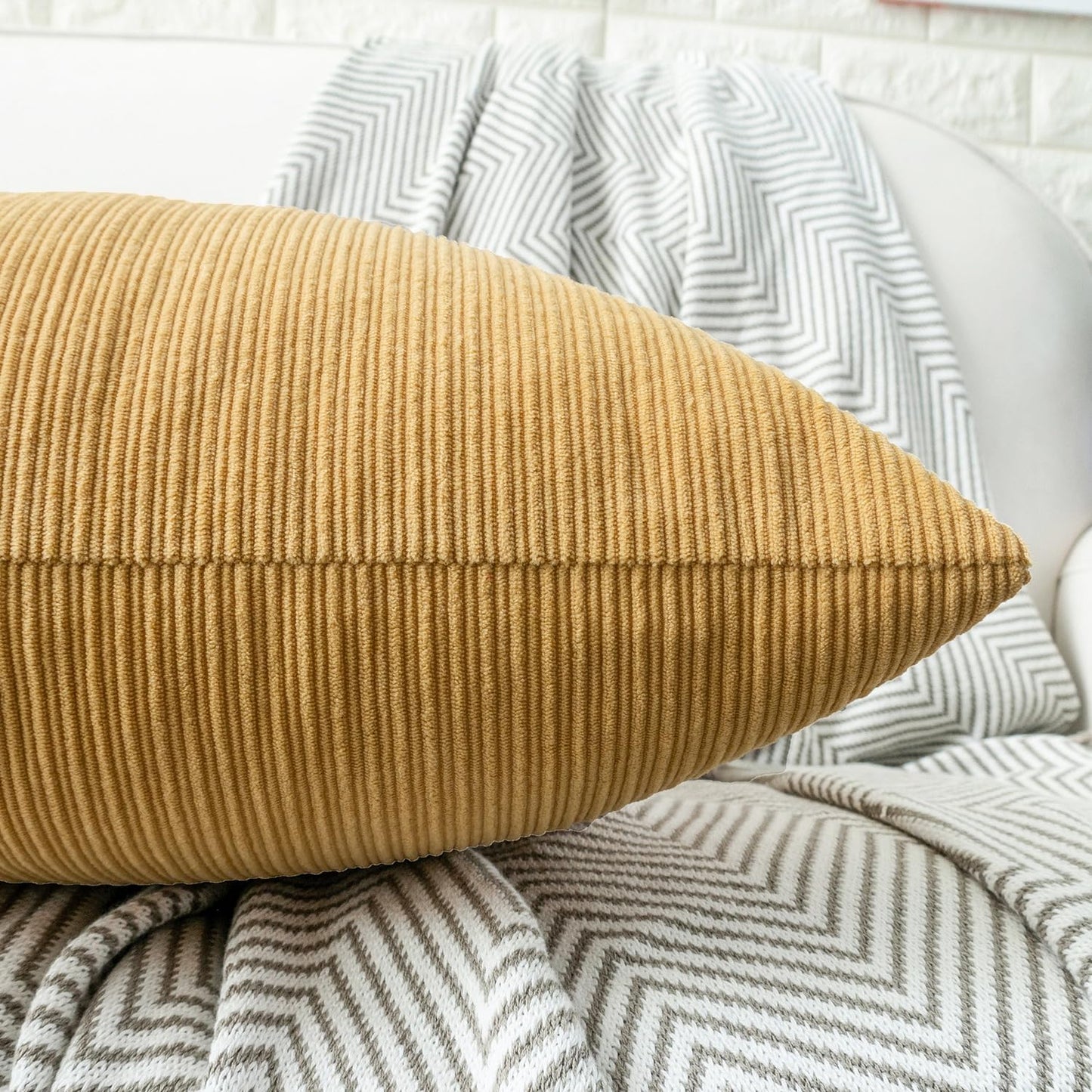 HWY 50 Mustard Yellow Chenille Throw Pillow Covers 12x20 Inch with Triple Buttons, Soft Farmhouse Accent Decorative Cushion Cases for Couch Sofa Living Room Pack of 2 Rectangle