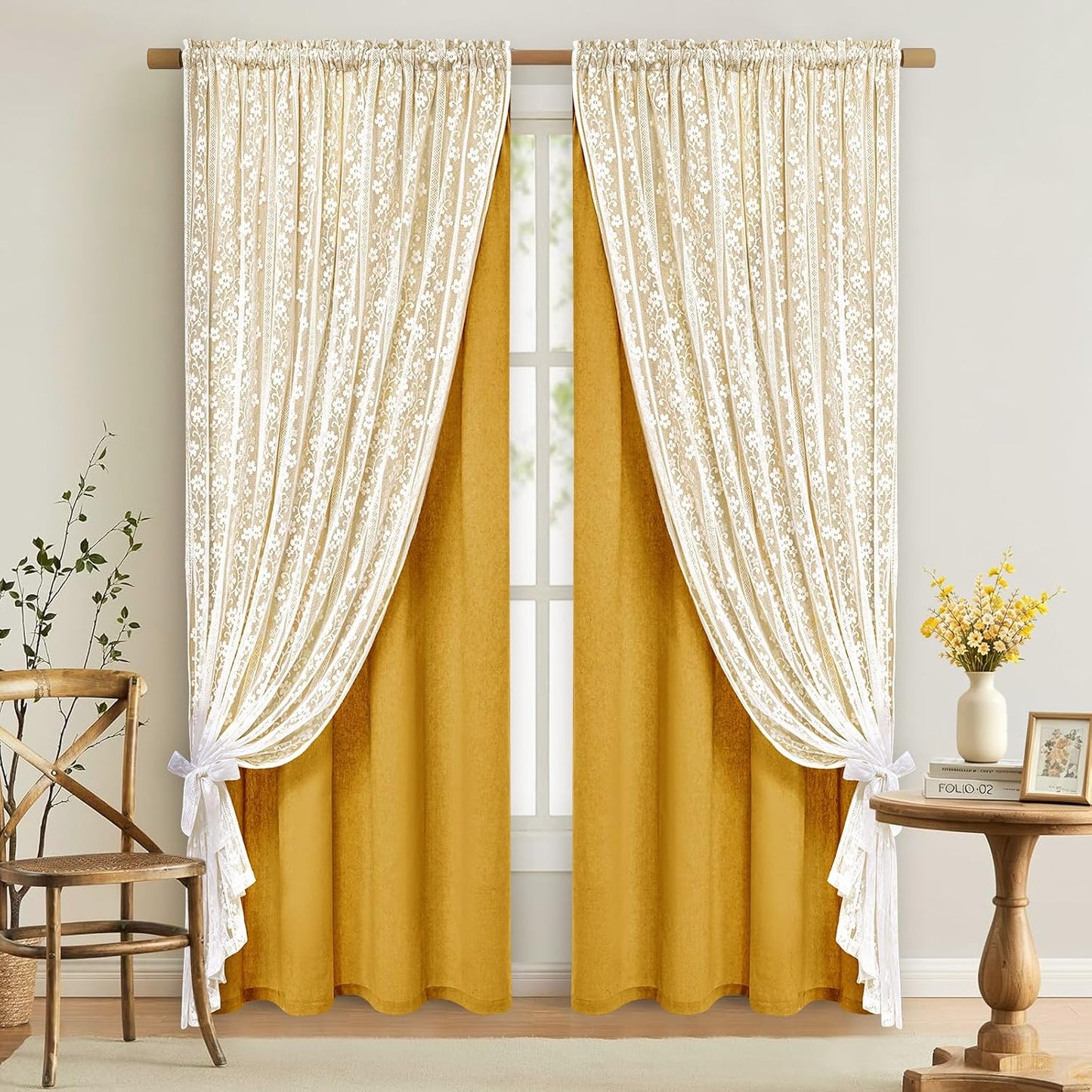 ASPMIZ Linen Curtains for Living Room Double Layer Curtains with Linen Lace, Mustard Yellow Bedroom Curtain Light Filtering, Rod Pocket Drapes 63 Inch Length 2 Panels Set with 2 Tiebacks, 52x63
