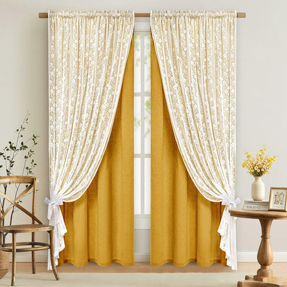ASPMIZ Linen Curtains for Living Room Double Layer Curtains with Linen Lace, Mustard Yellow Bedroom Curtain Light Filtering, Rod Pocket Drapes 63 Inch Length 2 Panels Set with 2 Tiebacks, 52x63