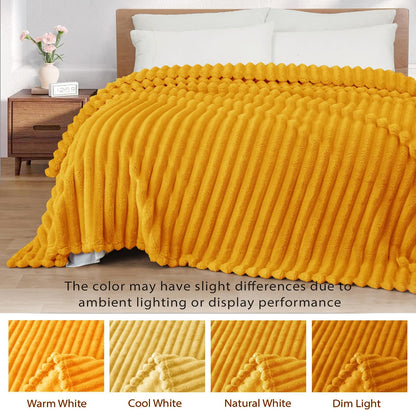 Exclusivo Mezcla Fleece Throw Blanket for Couch, Super Soft Striped Jacquard Bed Blanket, Lightweight Fuzzy Cozy for All Seasons, 50x60 Inches, Mustard Yellow