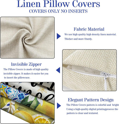 Lemon Pillow Covers 18x18, Home Sweet Home Throw Pillowcase, Yellow and Blue Mediterranean Summer Decor Italian Themed Tile Flower Pattern Square Cushion Covers for Sofa Bed Couch Set of 4