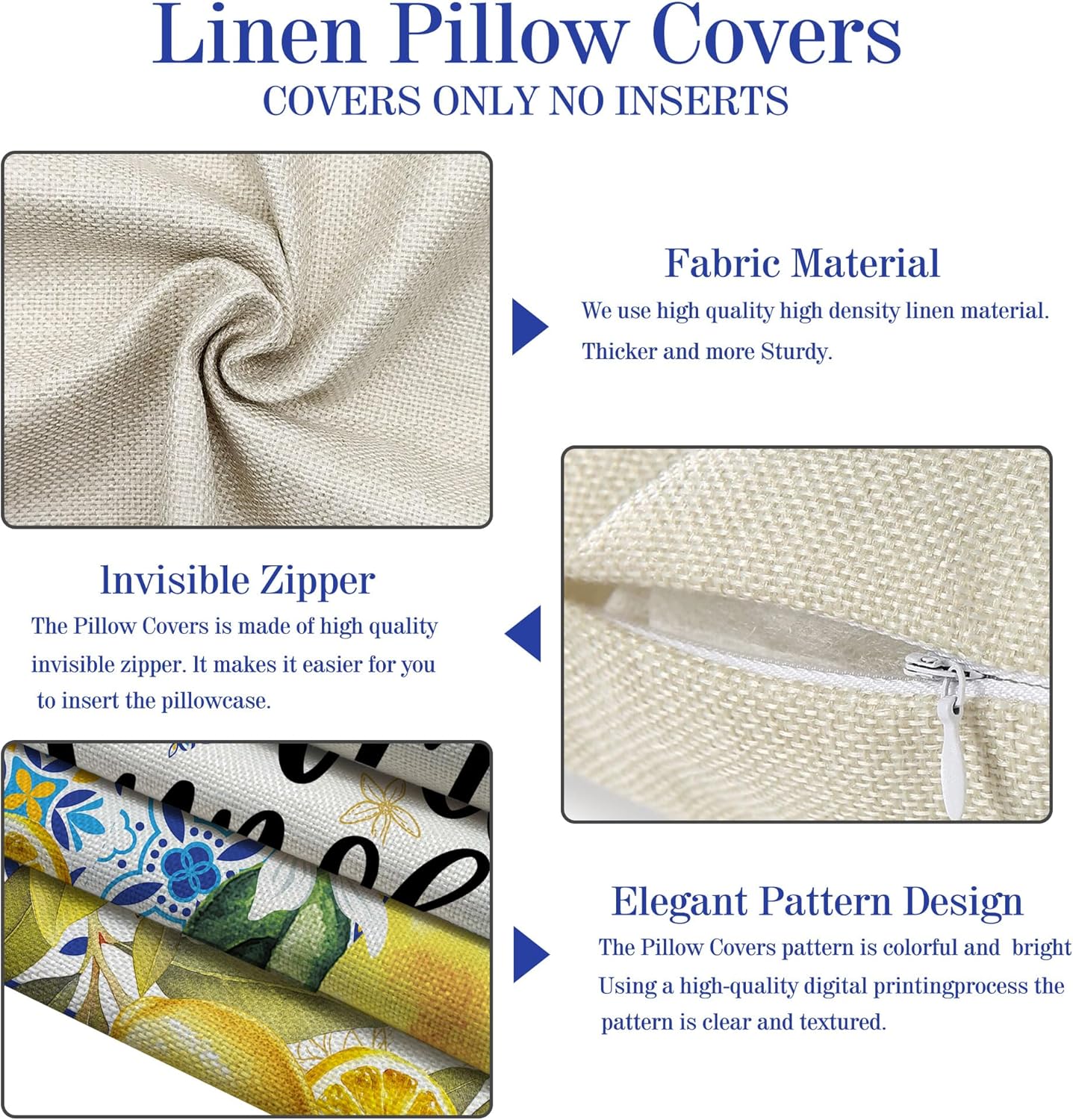 Lemon Pillow Covers 20x20, Home Sweet Home Throw Pillowcase, Yellow and Blue Mediterranean Summer Decor Italian Themed Tile Flower Pattern Square Cushion Covers for Sofa Bed Couch Set of 4