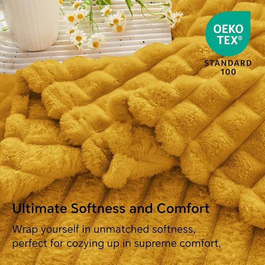 BEDELITE Mustard Yellow Throw Blanket for Couch - Soft Lightweight 3D Checkered Fluffy Fuzzy Fleece Blanket, Luxurious Plush Cozy Summer Blanket for Home Room Decor, Gift for Women, 50"x60"