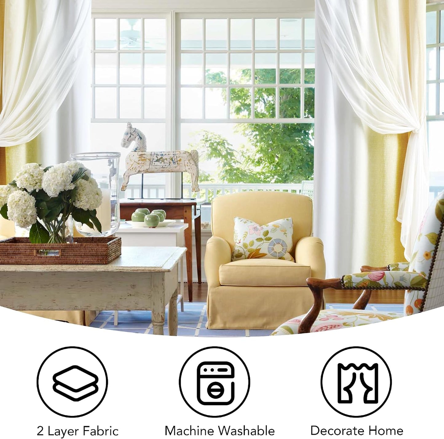 Ombre 100% Blackout Curtains 54 Inches Long 2 Panels for Bedroom Living Room Yellow and White Double Layer Sheer Overlay Mix & Match Grommet Thermal Soundproof Drapes with Tiebacks, 52x54