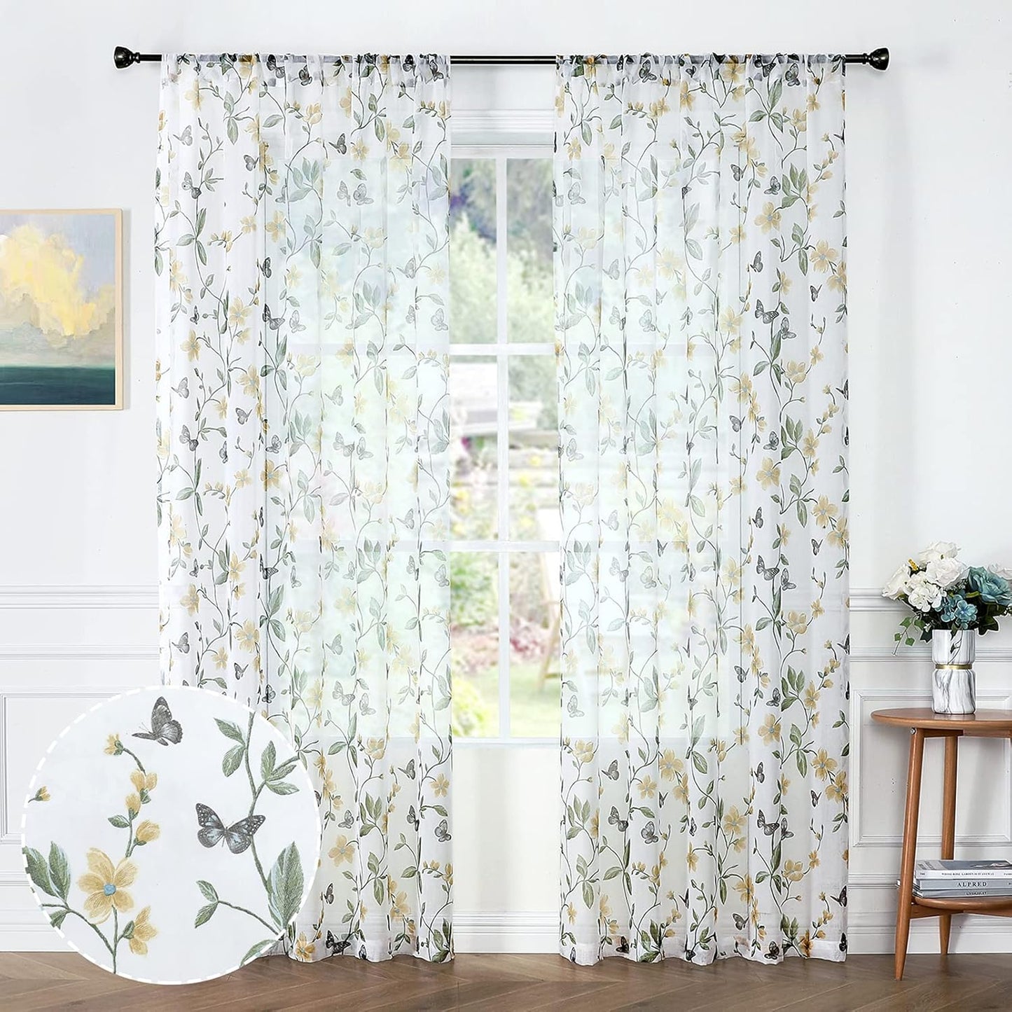 Tollpiz Sheer Floral Curtains Yellow Flower Butterfly Printed Bedroom Curtain Rod Pocket Voile Faux Linen Short Window Curtains for Living Room, 54 x 45 inches Long, Set of 2 Panels